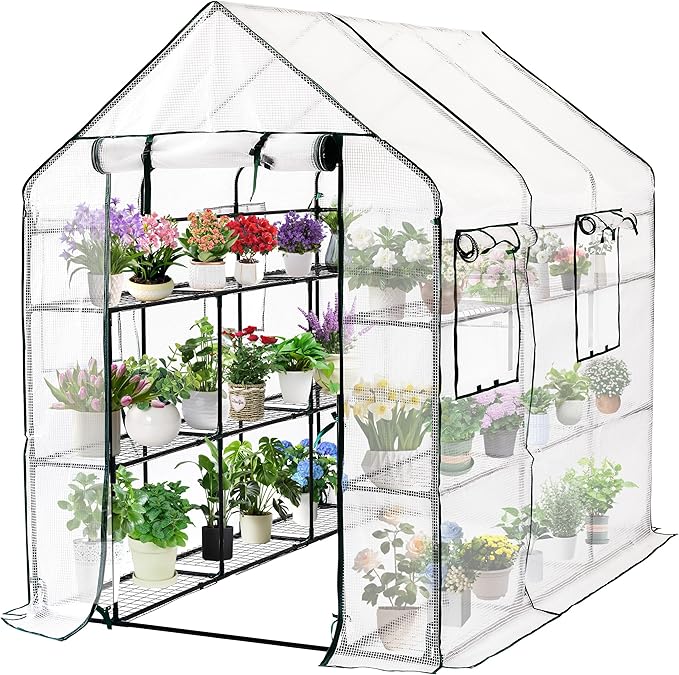 SUNGIFT Greenhouse for Outdoors, Walk-in Greenhouses 56 x 85 x 77 Inch, Portable Green House 3 Tiers 20 Shelves for Garden, Patio, Backyard, White