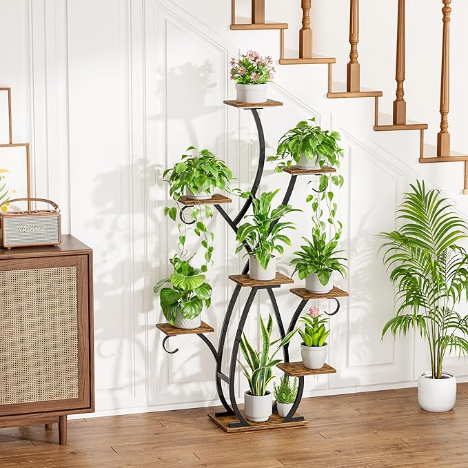 EVAWOO Plant Stand Indoor with Grow Lights - 58" Tall Plant Shelf Indoor, 8 Tiered Corner Lighted Plant Stand for Indoor Multiple Plants, Metal Flower Stands Display Rack for House, Patio, Black