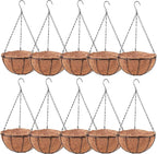 LaLaGreen Hanging Baskets for Plants (10 Pack, 10 Inch) Hanging Planter Outdoor with Coco Liner, Metal Wire Flower Basket Pots Holder Hanger Hook Deck Patio Porch Garden Balcony Outside Decoration