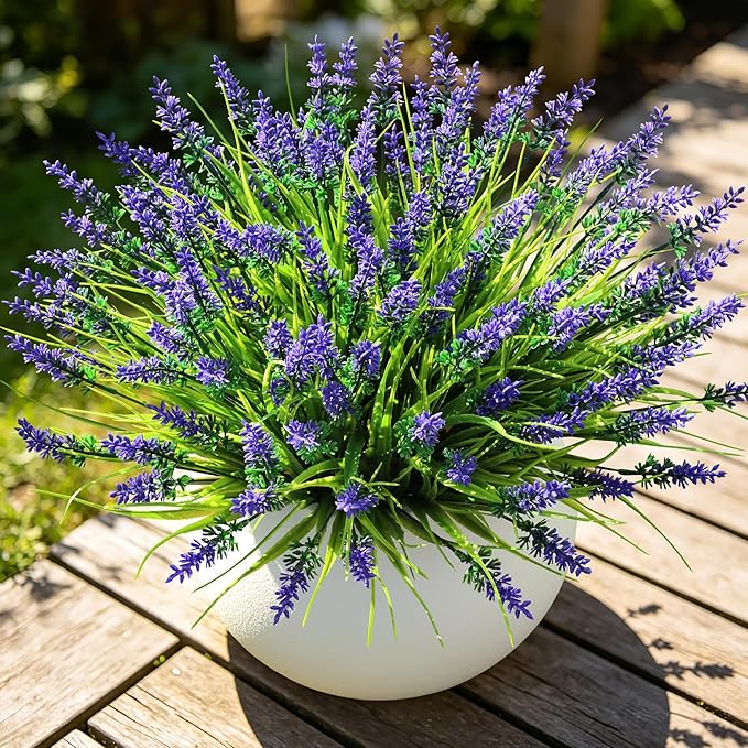AmyHomie Fake Plants Artificial Flowers for Outdoors – 16 Bundles Fake Lavender Plants & Monkey Grass, UV Resistant Faux Greenery for Patio, Porch, Planter, Garden and Window Decor