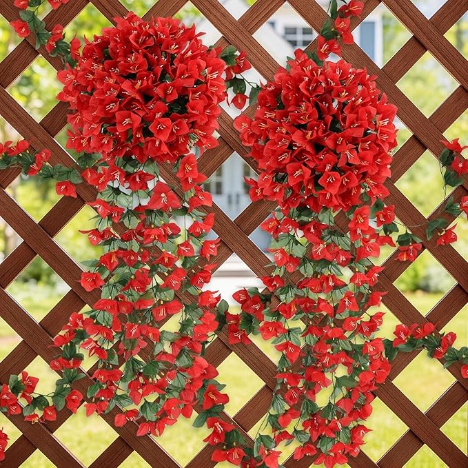ATTGREAT Artificial Bougainvillea for Outdoors Faux Plants UV Resistant Flowers Fake Plastic Plants Realistic Silk Flowers for Porch Planter Garden Outside Hanging Decoration, 2Pcs (Red)