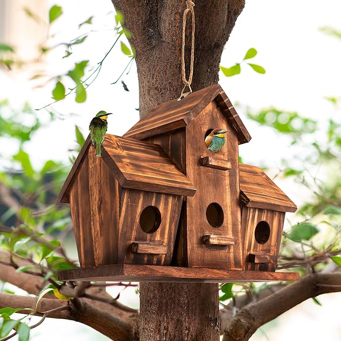 COLEBA Bird Houses for Outside, Outdoor 4 Hole Bird House Room for 4 Bird Families Bluebird Finch Cardinals Hanging Birdhouse for Garden