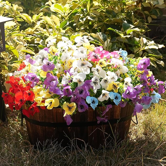 Artificial Flowers for Outdoor, UV Resistant Fake Silk Pansies Flowers, Realistic Faux Plants for Outside Indoor Porch Patio Window Box Planter Home Decor (16, Red/Purple)