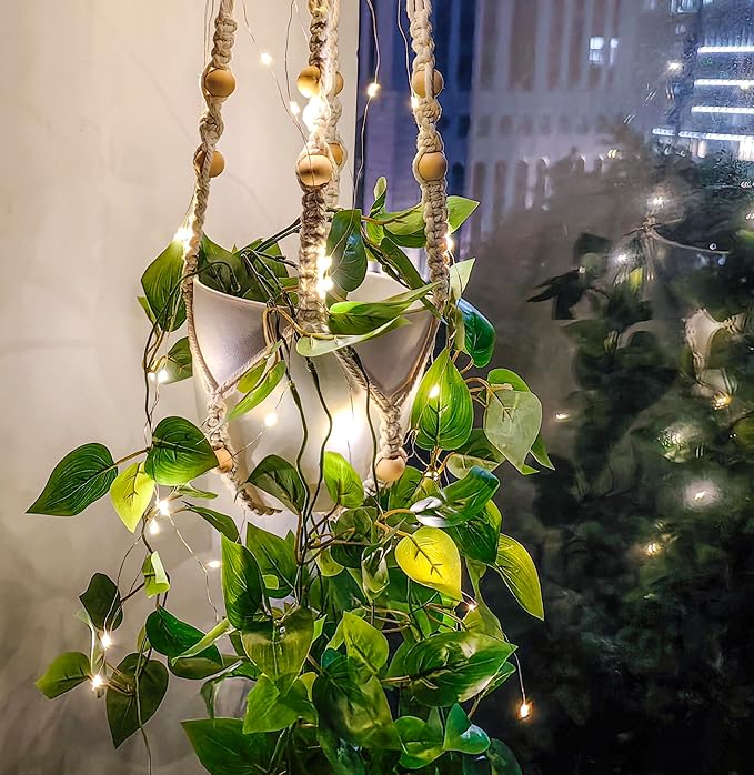 Comtelek Hanging Planter with Lights Indoor Macrame Plant Hanger Basket with Wood Beads Flower Pot Holder No Tassels for Boho Home Window Decor 35 Inch, Ivory (POTS NOT Included)