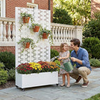 Casaphoria Metal Raised Garden Bed with Trellis and Wheels, 72"x35"x16" Planter Box for Climbing Plants, Vegetables & Vines, Features Drainage Holes and Privacy Screen, White-Brick