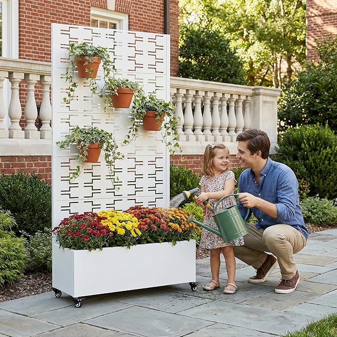 Casaphoria Metal Raised Garden Bed with Trellis and Wheels, 72"x35"x16" Planter Box for Climbing Plants, Vegetables & Vines, Features Drainage Holes and Privacy Screen, White-Brick