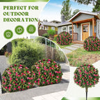 Lunmon 2 Pack 24" Artificial Topiary Ball Plants Trees with Flowers, Outdoor Fake Topiary Plants with Ground Spike, UV Resistant Faux Bushes for Indoor Outdoor Front Door Decor(Pink, White,Rose)