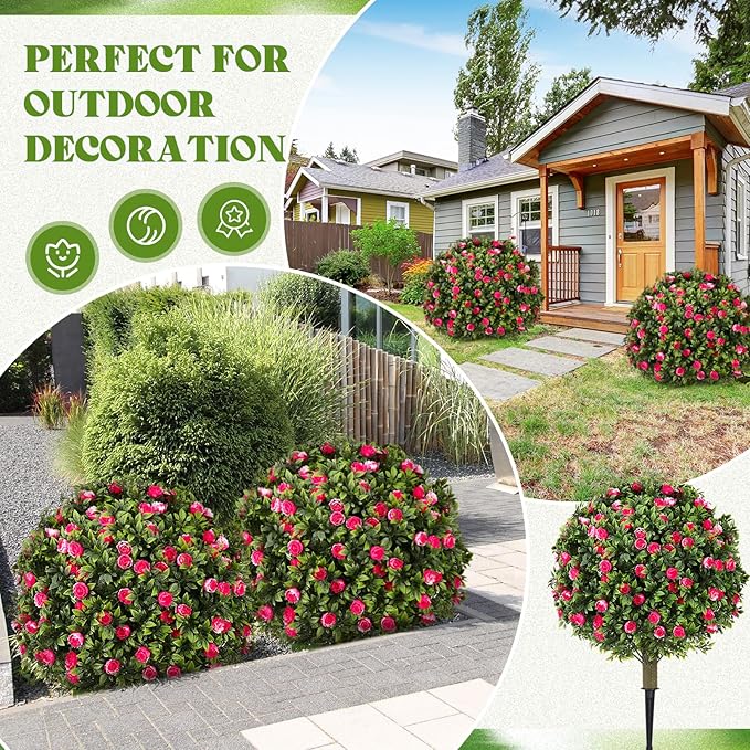 Lunmon 2 Pack 24" Artificial Topiary Ball Plants Trees with Flowers, Outdoor Fake Topiary Plants with Ground Spike, UV Resistant Faux Bushes for Indoor Outdoor Front Door Decor(Pink, White,Rose)