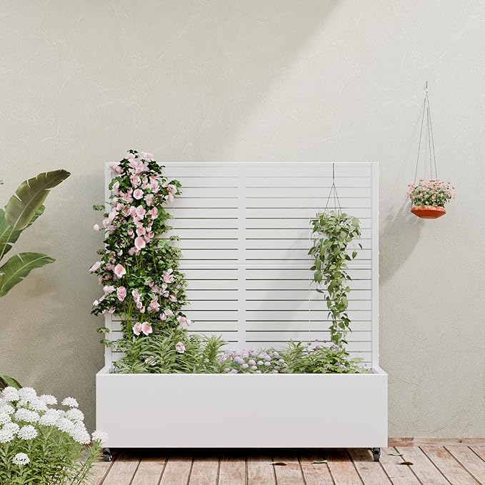 Casaphoria Metal Raised Garden Bed with Trellis and Wheels, 47"x47"x16" Planter Box for Climbing Plants, Vegetables & Vines, Features Drainage Holes and Privacy Screen (White-Louvered)