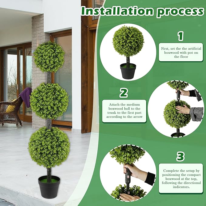 2 Pack Artificial Topiary Ball Tree 4FT, Set of 2 Faux Triple Balls Tree in Pot Shrubs Plants for Outdoor Front Door Porch Plant Outdoor