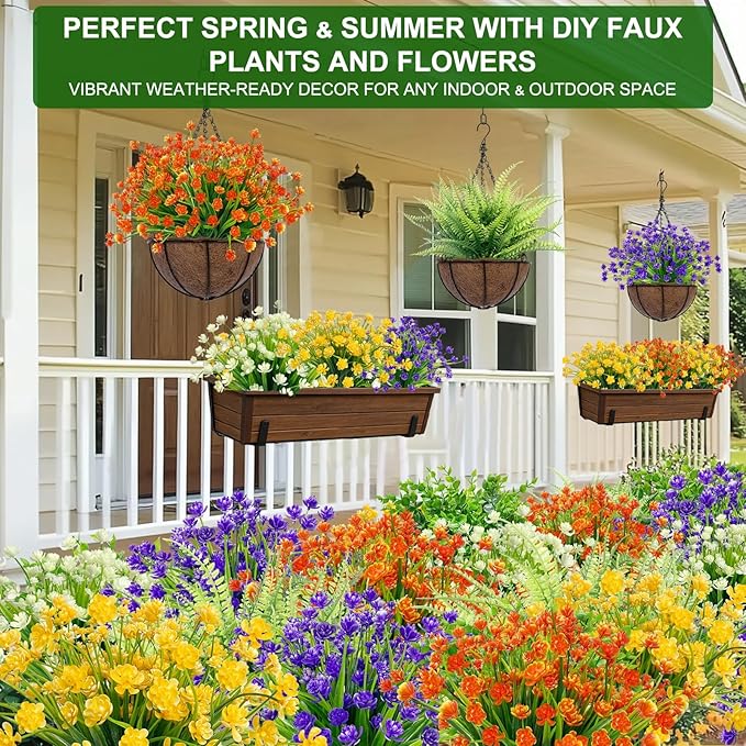 20 Bundles Artificial Flowers for Outdoors Summer Decor-UV Resistant No Fade Fake Mums Faux Plants Plastic Flowers Greenery for Home Porch Gardens Fireplace Patio Indoor Outsides Decor(Orange Red)