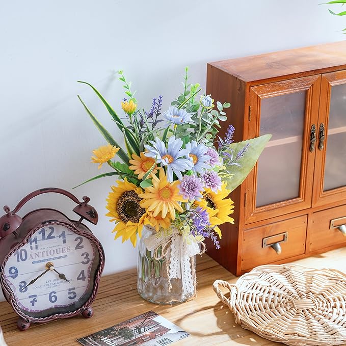 LUEUR Artificial Silk Sunflower with Vase Fake Flowers in Vase Centerpiece Coffee Table Decor, Fake Plant Blue Daisy Flower Arrangement for Spring & Summer Decorations Indoor Home Office Living Room