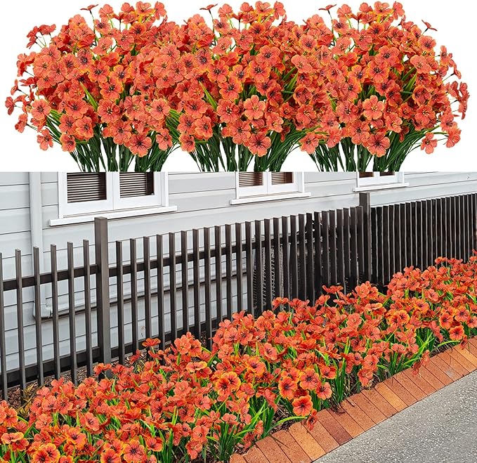 21 Bundles Artificial Outdoor UV Resistant Flowers No Fade Fake Outside Flowers Plastic Greenery Faux Shrubs Garden Porch Window Box Home Decoration (Orange)