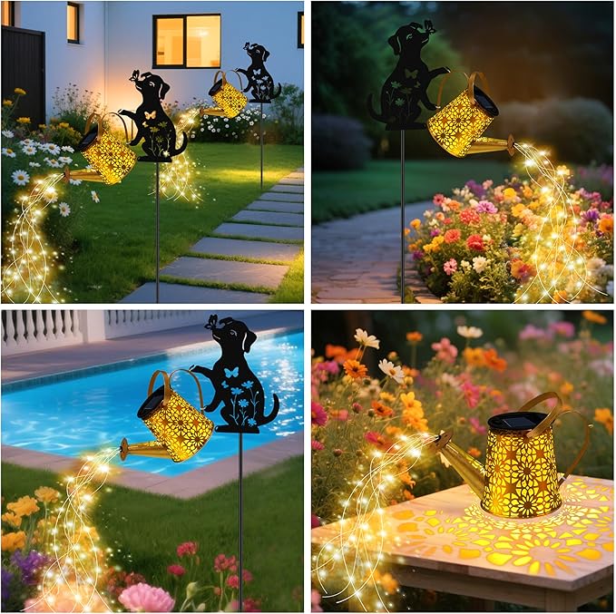 Solar Lights Outdoor, Dog Solar Watering_Can Lights, Birthday Gifts for Women Mom Mother's Day Christmas, Waterproof Metal Hanging Lantern Garden Decor Outside Patio Yard Pathway Backyard, 2 Pack