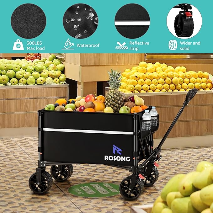 ROSONG Collapsible Wagon Cart with Wheels Foldable - Folding Utility Heavy Duty Wagons Carts for Grocery Sports Garden Shopping Camping Wheelbarrows (Black with Cover, 120L)