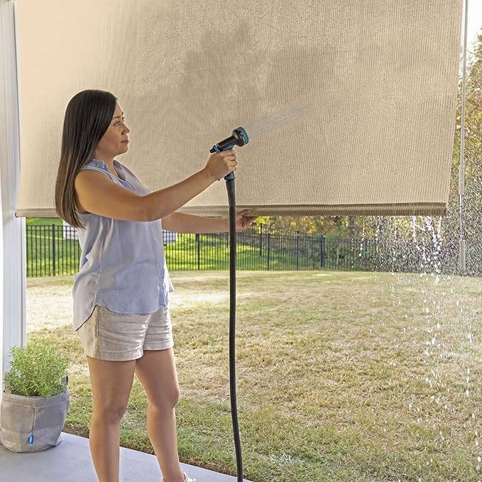 Coolaroo Outdoor Roller Shade with Wand - 80% UV Block Breathable Light Filtering Shade for Patio or Porch, Fade-Resistant, Easy-Clean Fabric, 6ft x 6ft, Sesame