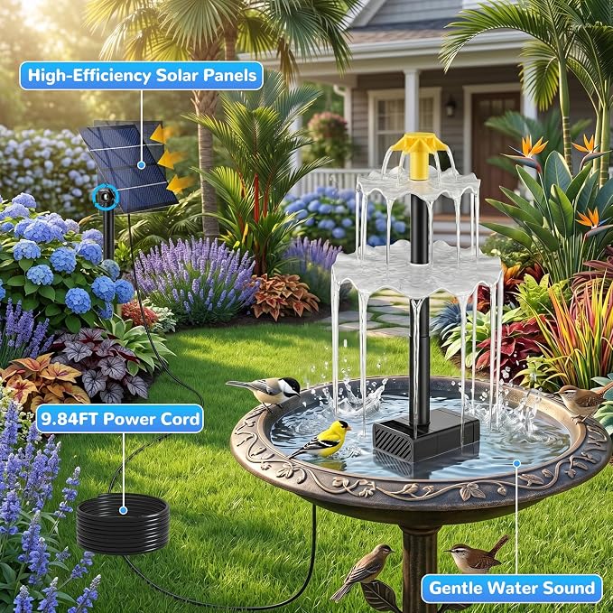Solar Water Fountain for Bird Bath, 2.5W DIY Solar Powered Fountain Pump Kit with 4 Spray Nozzles, 9.54FT Cable for Birdbath, Garden, Pond, Pool, Outdoor