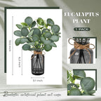 Der Rose 13.5" Fake Plants for Black Bathroom Decor Artificial Eucalyptus Stems in Black Glass Vase with Faux Water for Office Desk Accessories Farmhouse Home Table Centerpiece Decor（Sage Green）