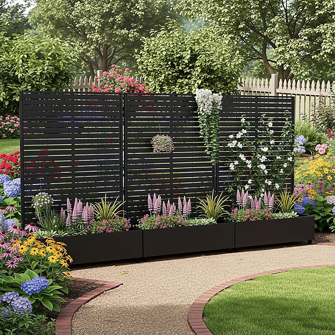 Casaphoria Metal Raised Garden Bed with Trellis and Wheels, 72"x47"x16" Planter Box for Climbing Plants, Vegetables & Vines, Features Drainage Holes and Privacy Screen (Black-Louver)