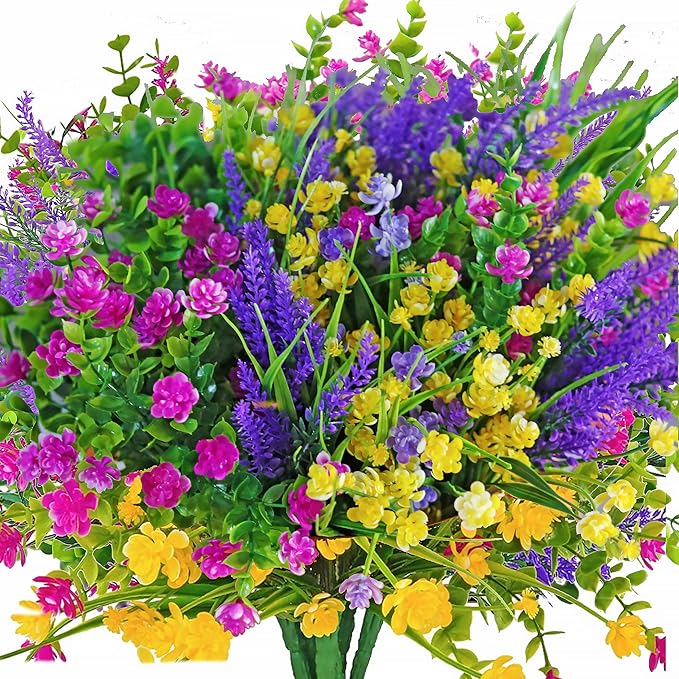 24pcs Artificial Fake Flowers, UV Resistant Faux Flowers Arrangement, Fake Plants Greenery Shrubs for Indoor Outdoors, Home Garden Patio, Porch, Hanging Planter, Window Box Farmhouse (Multi-color 1)