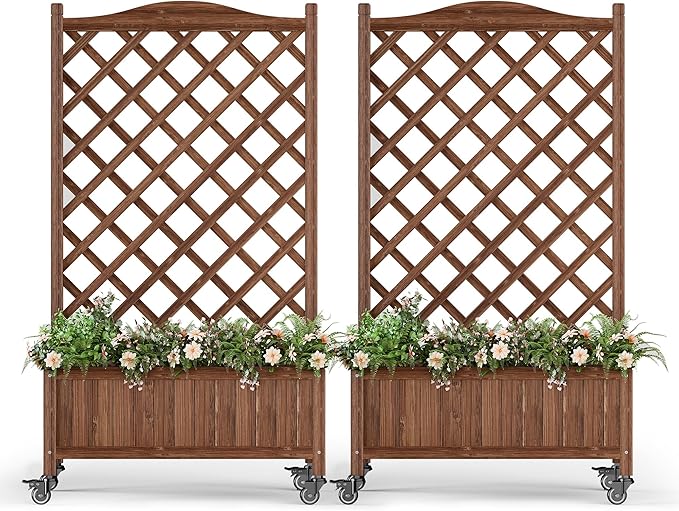 Upgraded 2-Pack 50" Tall Trellis Planter Box with Wheels, 49.8"H × 27.6"W × 13.0"D Solid Fir Wood Raised Garden Bed & Lattice Privacy Screen, Rolling Planter with Drainage for Patio/Garden