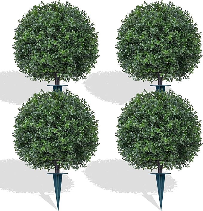 Artificial Boxwood Topiary Trees with Ground Spike,4 Pieces Fake Boxwood Ball Shrubs Bushes, UV Resistant Faux Evergreen Cypress Tree Plants for Indoor Outdoor Planters Front Porch