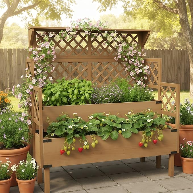 Raised Garden Bed with Trellis & Top Shelf, Outdoor Elevated Planter Box with 2 Planting Areas, Liner & Metal Corners for Climbing Plants, Vegetables, Herbs