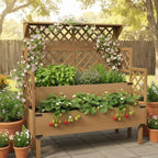 Raised Garden Bed with Trellis & Top Shelf, Outdoor Elevated Planter Box with 2 Planting Areas, Liner & Metal Corners for Climbing Plants, Vegetables, Herbs