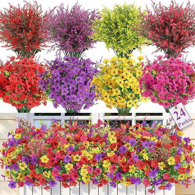 SHareconn 24 Bundles Artificial Flowers for Outdoors Decoration, Faux Plants Fake Silk Colorful Daisy Eucalyptus Lavender, UV Resistant for Outside Home Porch Indoor Spring Decor, RedRosyPurpleYellow