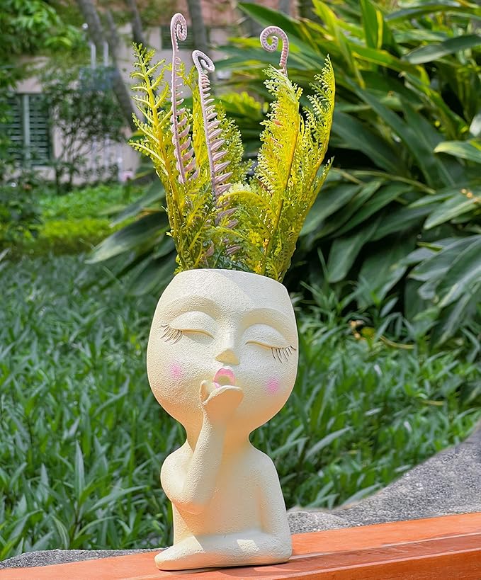 Face Planter Pots Resin Air Kiss Head Face Planter Standing Flower Pots for Trailing Plants Handcrafted Succulent Planter Pot for Indoor and Outdoor Plants Pale Yellow 1Pack