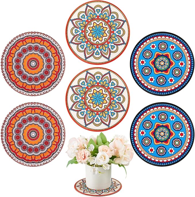 Nuanchu 6 Pieces Boho Plant Coasters 5.9 Inch Rubber Absorbent Non Slip Plant Pot Mats for Gardening Indoor Outdoor Round Bohemian Mandala Decorative Plants Saucers for Table Floor Protection Home