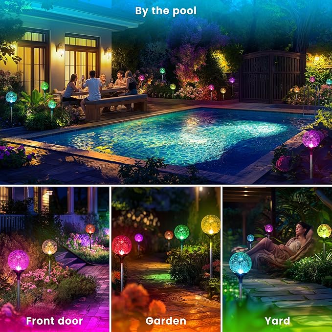 GIGALUMI Solar Garden Lights 6 Pack, Solar Lights Outdoor Decorative Waterproof, Outdoor Solar Lights for Yard Decorations, Multi-Colored Changing Garden Globe Cracked Glass Ball with LED Lights