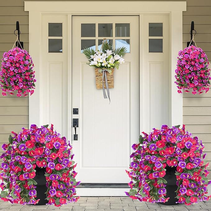 Artificial Fake Hanging Flowers Plants for Outdoor Outside Spring Summer Decoration 4PCS Faux Silk UV Resistant Realistic Morning Glory Trailing Vines for Home Porch Patio Balcony(Rose red & Magenta)