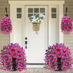 Artificial Fake Hanging Flowers Plants for Outdoor Outside Spring Summer Decoration 4PCS Faux Silk UV Resistant Realistic Morning Glory Trailing Vines for Home Porch Patio Balcony(Rose red & Magenta)