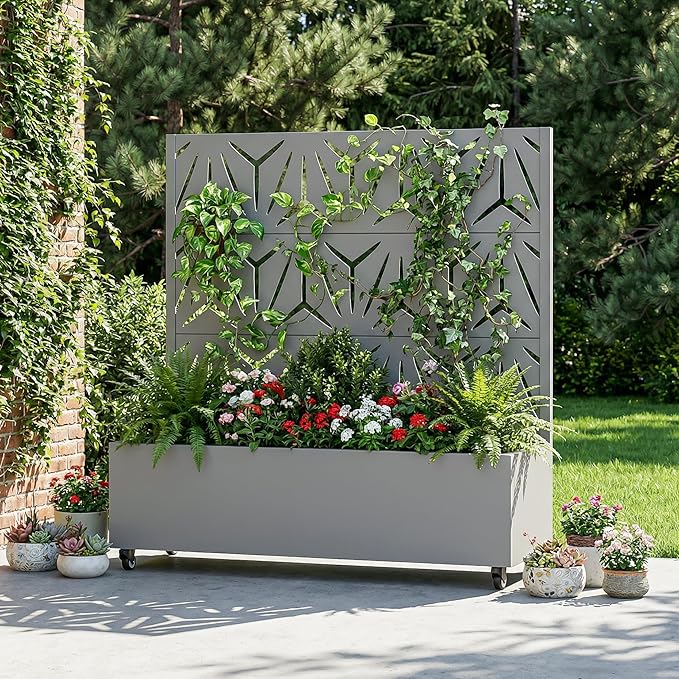 Casaphoria Metal Raised Garden Bed with Trellis and Wheels, 47"x47"x16" Planter Box for Climbing Plants, Vegetables & Vines, Features Drainage Holes and Privacy Screen, Grey-Star