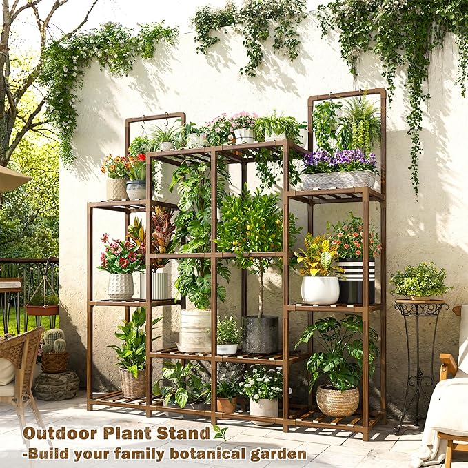 EnHomee Plant Stand Indoor Tall Plant Stand Outdoor Large Wood Plants Shelf with 12-14 Pots for Patio, Living Room, Garden, Balcony, 44.8" Wx47.2 Hx11.78 D