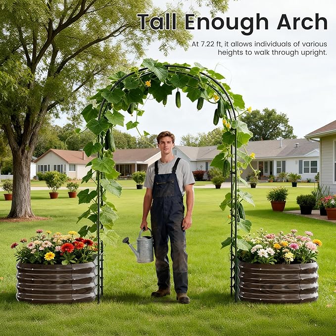 3 in 1 Galvanized Raised Garden Bed with 87" H Arch Trellis for Climbing Plants, Outdoor Gardening Planter Box with Climbing Net for Flower Vegetables Fruits Herbs, Wood Grain