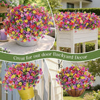 SHareconn 24 Bundles Artificial Flowers for Outdoors Decoration, Faux Plants Fake Silk Colorful Daisy Eucalyptus Lavender, UV Resistant for Outside Home Porch Indoor Spring Decor, 6 Colors incl. Red
