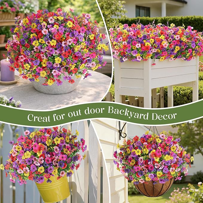 SHareconn 48 Bundles Artificial Flowers for Outdoors Decoration, Faux Plants Fake Silk Colorful Daisy Eucalyptus Lavender, UV Resistant for Outside Home Porch Indoor Spring Decor, 6 Colors incl. Red