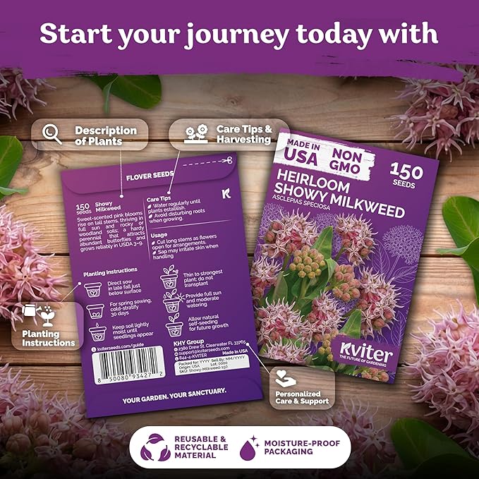 KVITER 150 Showy Milkweed Seeds (Asclepias Speciosa) - Greek Milkweed, Perennial Wildflower, Pink-Purple Blooms, Butterfly Magnet - Flower Seeds in Seed Packets for Outdoor Gardens and Borders