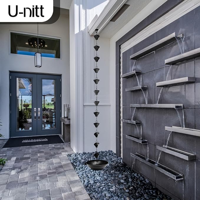 U-nitt 10" Spill Bowl Downspout Catch Basin for Rain Chain Anchoring & Stake | Rainwater Collection for Roof | Gutter Catch Basin | Good for Water Fountain & Birdbath | Black | Handles Heavy Rain