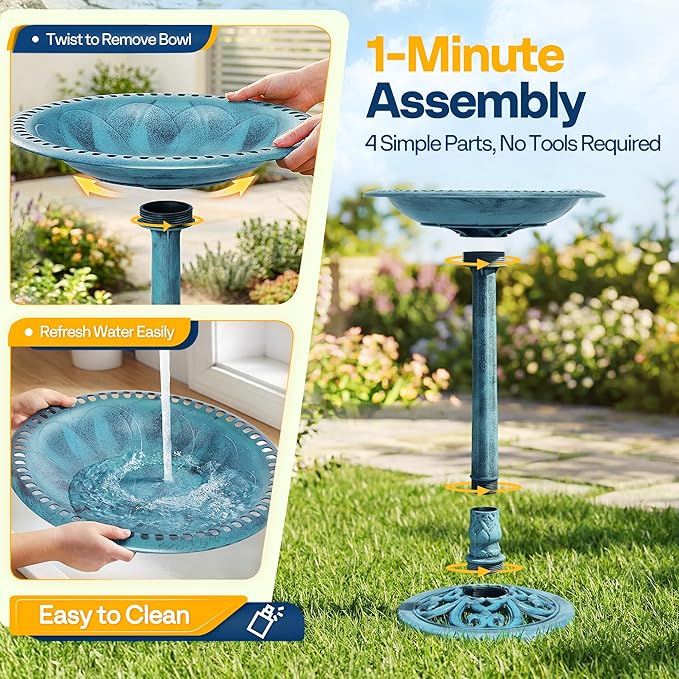 VIVOHOME Bird Bath with Solar Fountain for Outside, Polyresin Pedestal Bird Baths with Solar Powered Pump for Outdoor, Garden, Weather-Resistant Birdbaths with 20" Bowl, Blue