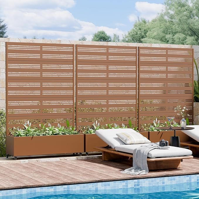Casaphoria Metal Raised Garden Bed with Trellis and Wheels, 72"x47"x16" Arched Planter Box for Climbing Plants, Vegetables & Vines, Features Drainage Holes and Privacy Screen, Brown-Harold