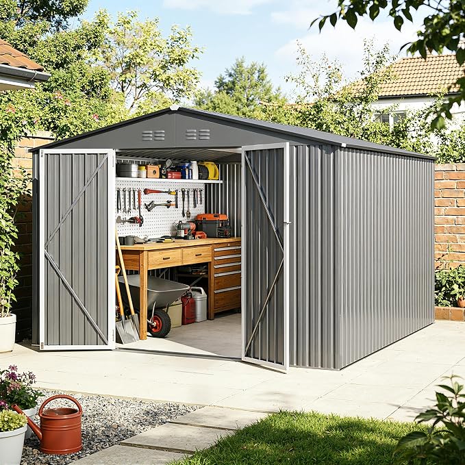 10 x 12FT Sheds & Outdoor Storage, Grey Metal Waterproof Storage Shed with Door and Lock Outdoor Shed,All-Weather Shelter for Bike, Gardening Tools, Lawn Mowers