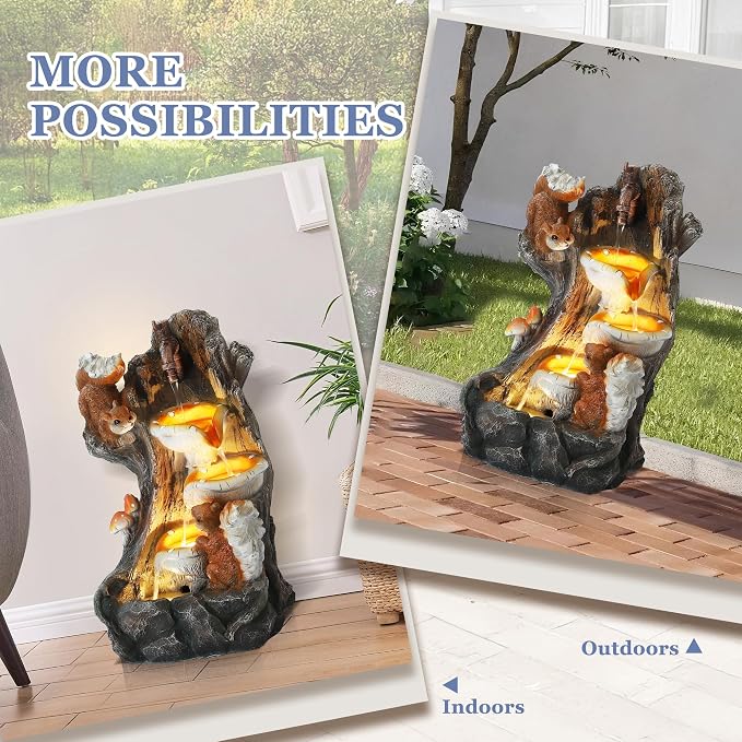 Grepatio Outdoor 4-Tiers Cascading Water Fountain, Garden Waterfalls Fountain with LED Lights, Indoor/Outdoor Floor Standing Water Fountains with Pump for Patio, Yard, Deck Decor with 2 Squirrel Look