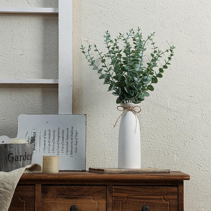 Vase with Greenery,20pcs Artificial Eucalyptus Stems in White Vase 2 Packs, Boho Home Decor Plant, 19" Decorative Fake Plants for Home Farmhouse Mantle Centerpiece Decor