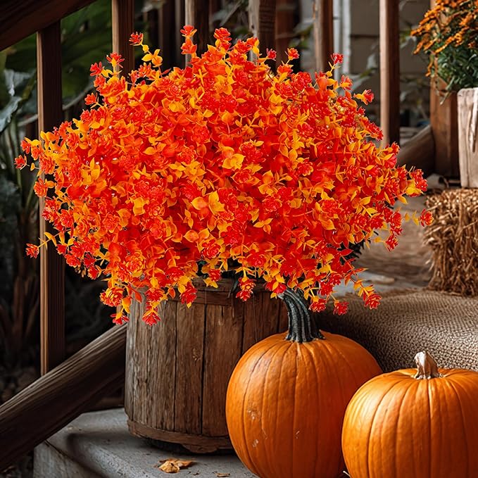 Artificial Fall Flowers Outdoor Fake Mums - 12 Bundles Fake Plants UV Resistant No Fade Faux Plastic Greenery Garden Porch Patio Fall Home Decor (OrangeYellow)