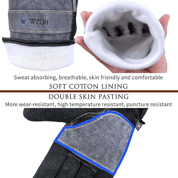 WZQH Leather Work Gloves for Men or Women. Medium Glove for Gardening, Tig/Mig Welding, Construction, Chainsaw, Farm, Ranch, etc. Cowhide, Cotton Lined, Utility, Firm Grip, Durable. Grey-Black M