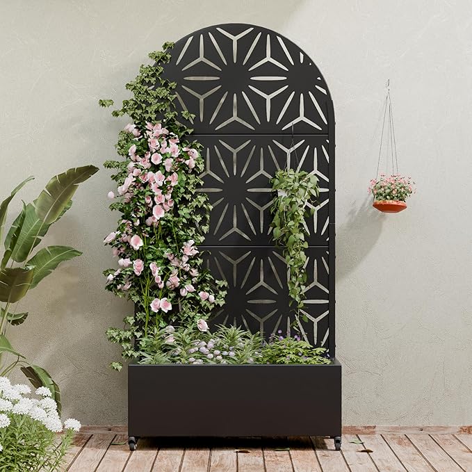 Casaphoria Metal Raised Garden Bed with Trellis and Wheels, 72"x35"x16" Arched Planter Box for Climbing Plants, Vegetables & Vines, Features Drainage Holes and Privacy Screen (Black-Star)