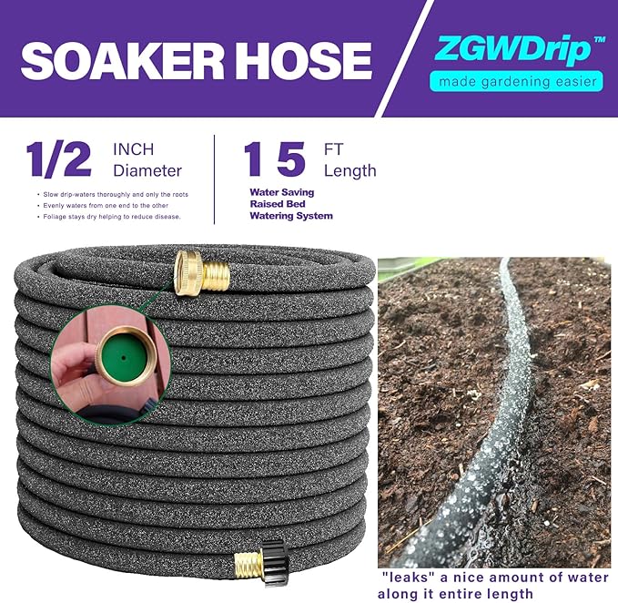 15FT 1/2" Water-Saving Soaker Hose with Solid Brass Connectors, Drip Irrigation Kit for Lawn & Yard